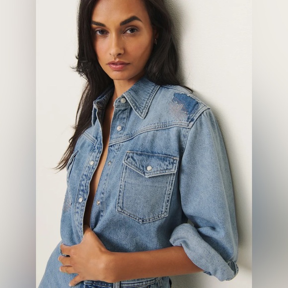 Reformation Kacey Musgraves Deeper Well Denim Pearl Snap Shirt Jacket by Small - Picture 2 of 14